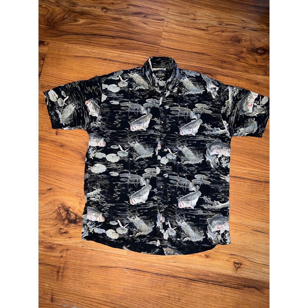 RedHead Mens Black Largemouth Bass Fishing Print Cotton Button Down Shirt Medium